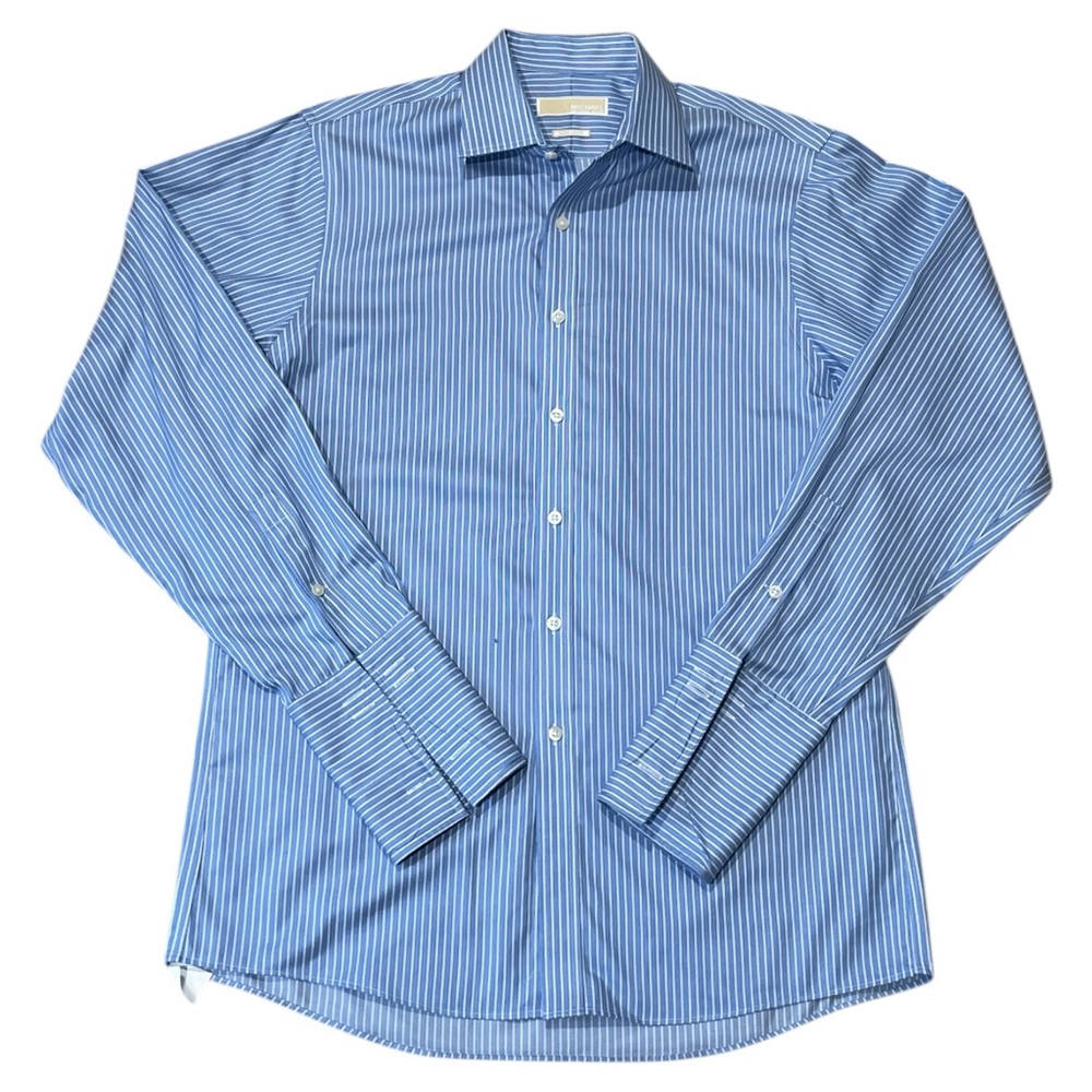 Michael Kors Mens Striped Long Sleeve Non-Iron Dress Work Shirt Flip Cups 15.5